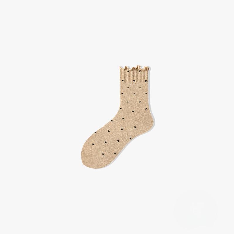 Female Autumn and Winter Solid Color Polka Dot Lace Medium Tube Pile Cotton Socks