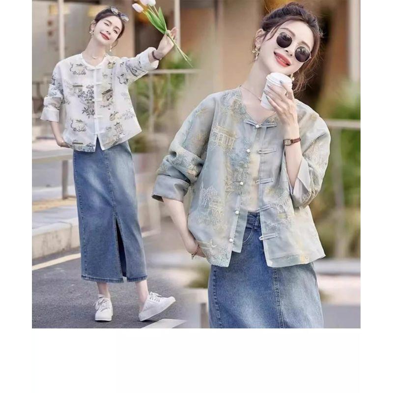 

Тяжелая промышленная вышивка Новый китайский стиль Рубашки с длинным рукавом Женские 2025 Весна Новинка Национальный стиль Застежка Верхняя одежда Свободный Универсальный Топ Denim Skirt L