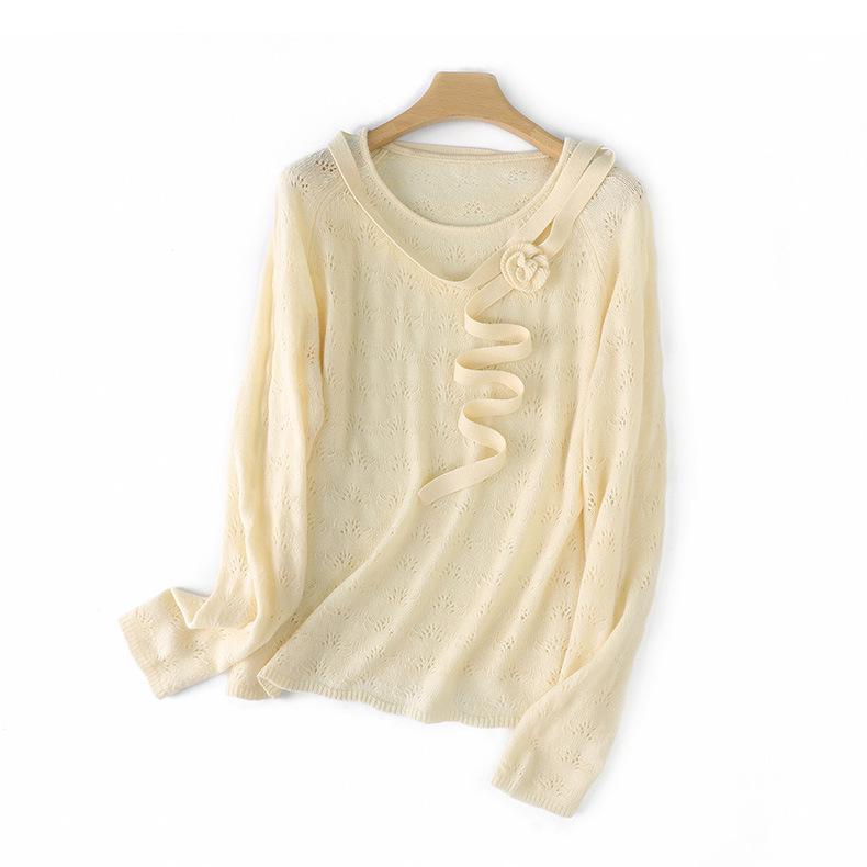 Korean Sweet Style 3D Floral Ribbon Wool Knit Top with Hollow Long Sleeves