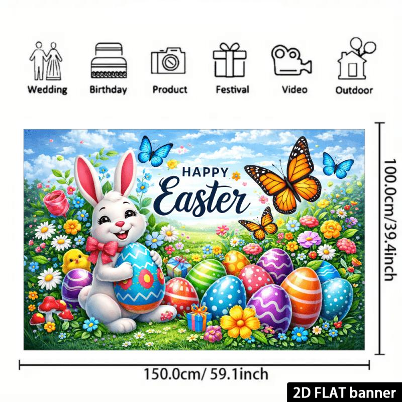 1Pcs Happy Easter Bunny Colored Eggs Flowers Decoration Background Easter Backdrop Decorations For Photo Studio Booth Party