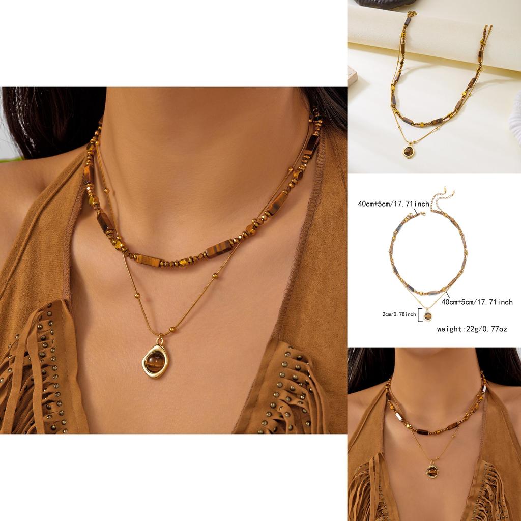 Tiger Eye Beaded Necklace With Geometric Shape Steel Pendant For Elegant Casual Attire