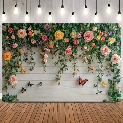 Pink Rose Vine Photography Background Romantically Decorative White Fence with Butterfly for Wedding Baby Shower Birthday Party12