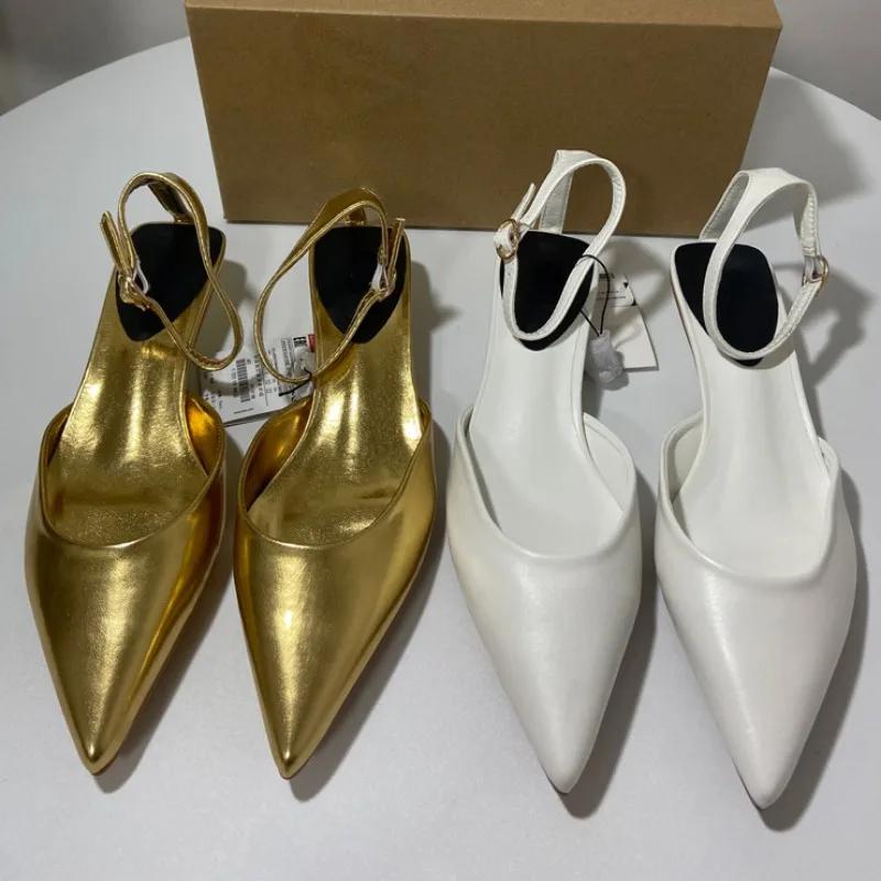 Mid Heel Party Shoes for Women  Fashion Gold White Slip-on Summer Solid Office Career Pointed Toe Slingback Ladies Sandals