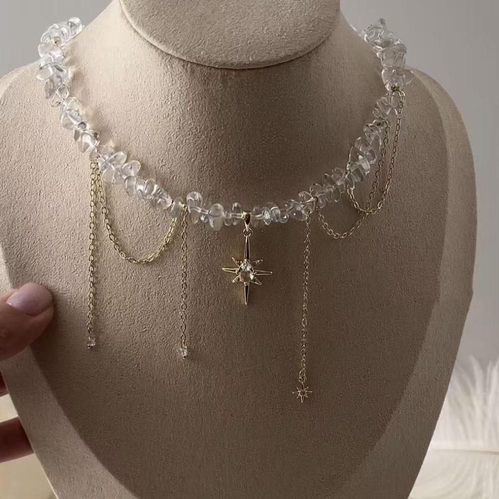 Mode Kvast Kæde Vedhæng Halskæde Til Kvinder Boho Gennemsigtig Krystal & Imitationsperle Kæde Smykker Valentinsgave N0538