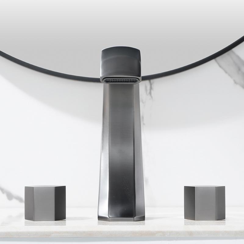 Light Luxury Bathroom Basin Faucet Gun Gray Copper Three Holes Two Handles Hot Cold Mixed Water Faucet Household  Basin Tap