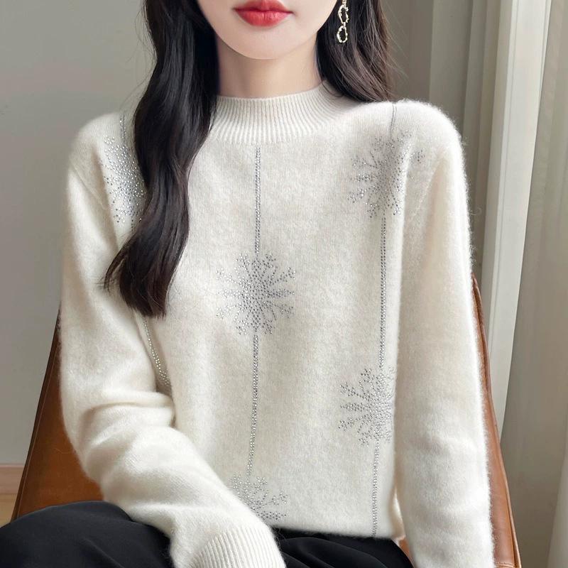 Autumn Winter Women Sweater Christmas Style Mock Neck Long Sleeve Thick Warm Pullovers Knitted Loose Bottoming Shirts Red Jumper