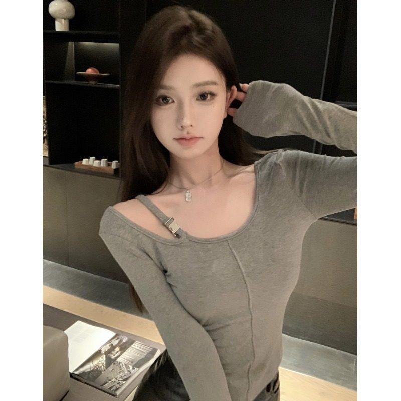 2025 Women's Slimming Solid Color Long Sleeve Cropped Top - Korean Simple Design for Autumn