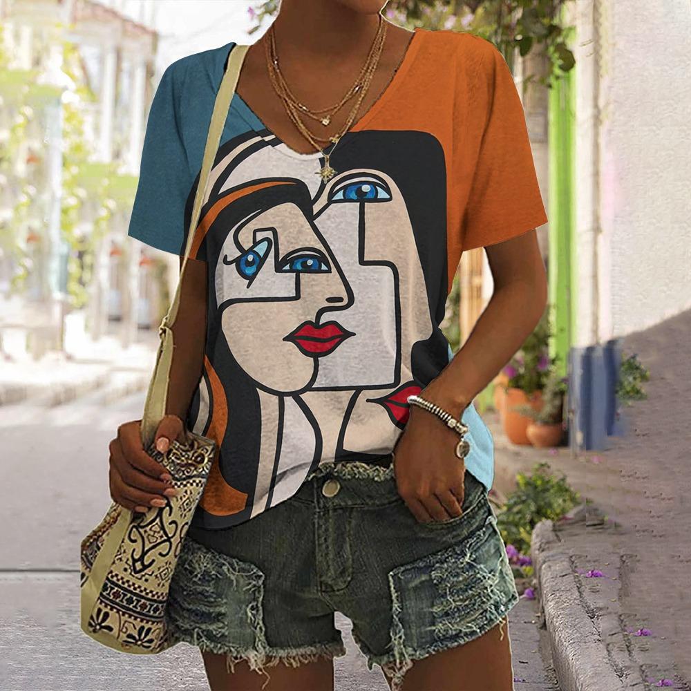 

Женские летние футболки, повседневные топы с V-образным вырезом для использования на открытом воздухе, классические футболки с короткими рукавами и свободная женская одежда на плоскую подошву 3XL