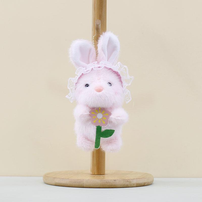 Cute Grey White Brown Pink Flower Bunny Plush Keychain Soft Doll For Bags Keys And