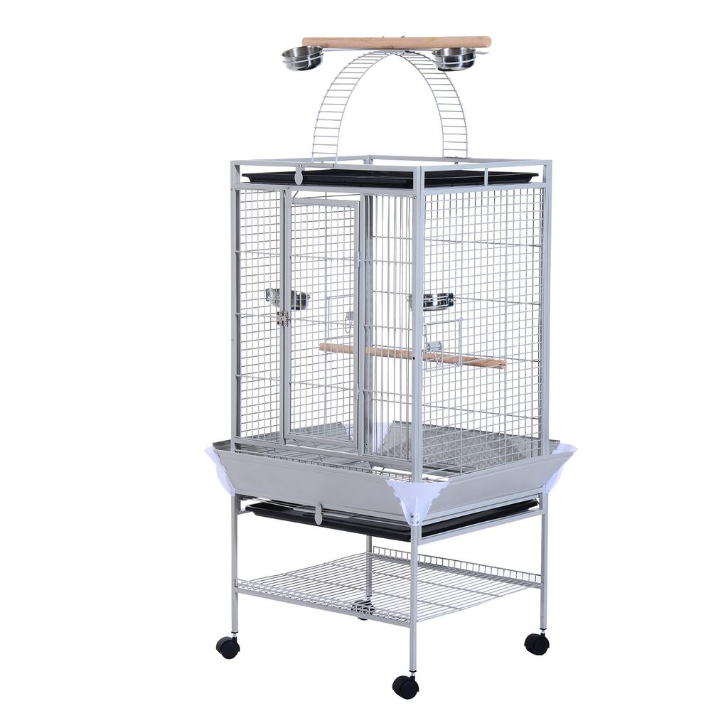 Bird Aviary with Wheels Height 161.5cm, Steel Bowls and Wooden Perches, Silver