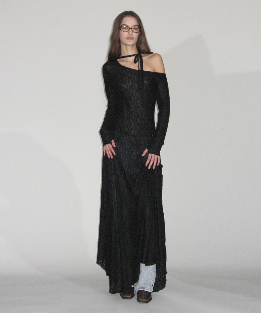 Partimento Woman Sheer Lace Tie-Neck Maxi Dress_Black