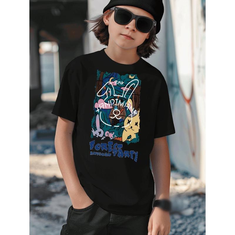 

European Size Boys Round-neck Short-sleeved T-shirt with Forest Party Animal Pattern Print 98cm чёрный