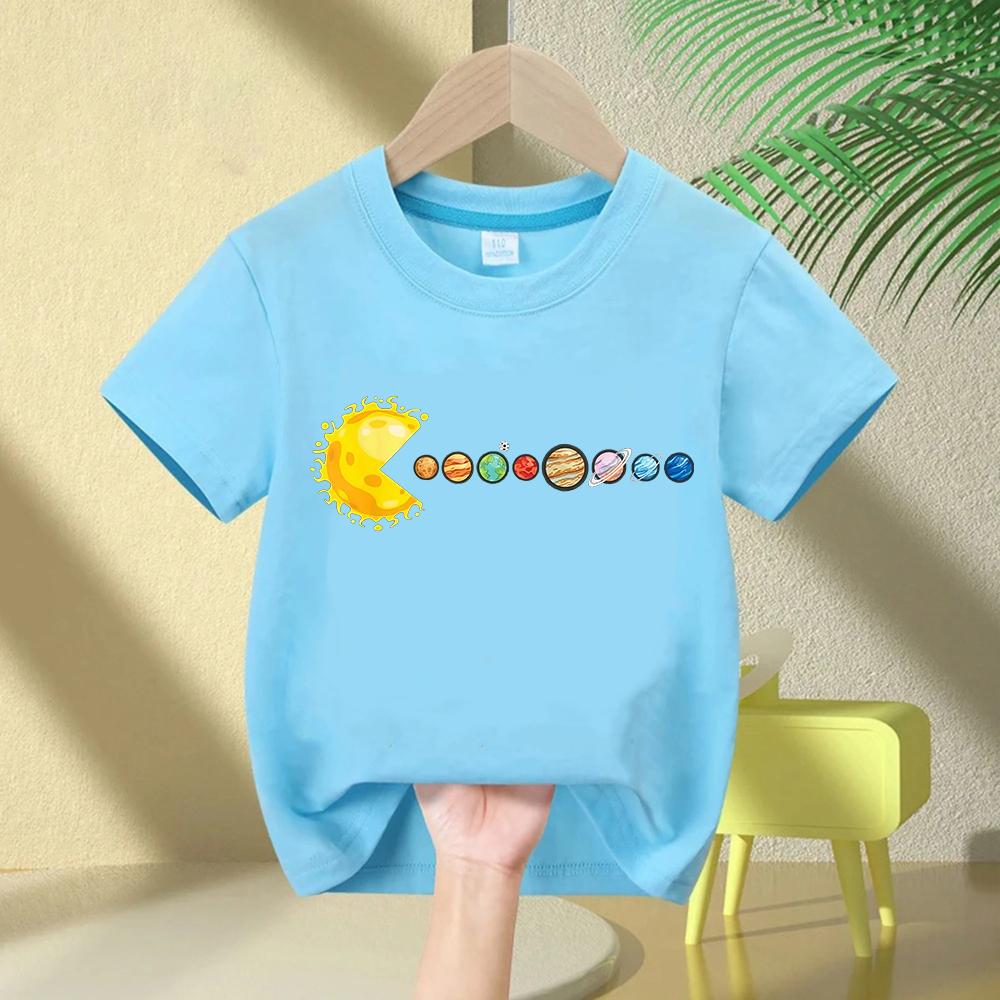 Summer 100 Cotton Children Tshirt Comfortable Casual Solar System Planet Print Round Neck Short Sleeve Kid Tee Top Boys Tshirt