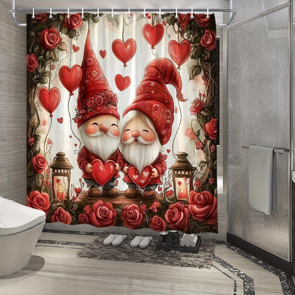 Adorable Valentine'S Day Gnomes Shower Curtain - Waterproof, Mildew-Resistant With Romantic Hearts And Roses For Bathroom Decor