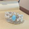 925 Silver-plated High-end Blue Sea Pattern Gemstone Wide-faced Pearl Ring Women's Gold Index Finger Ring Niche Design