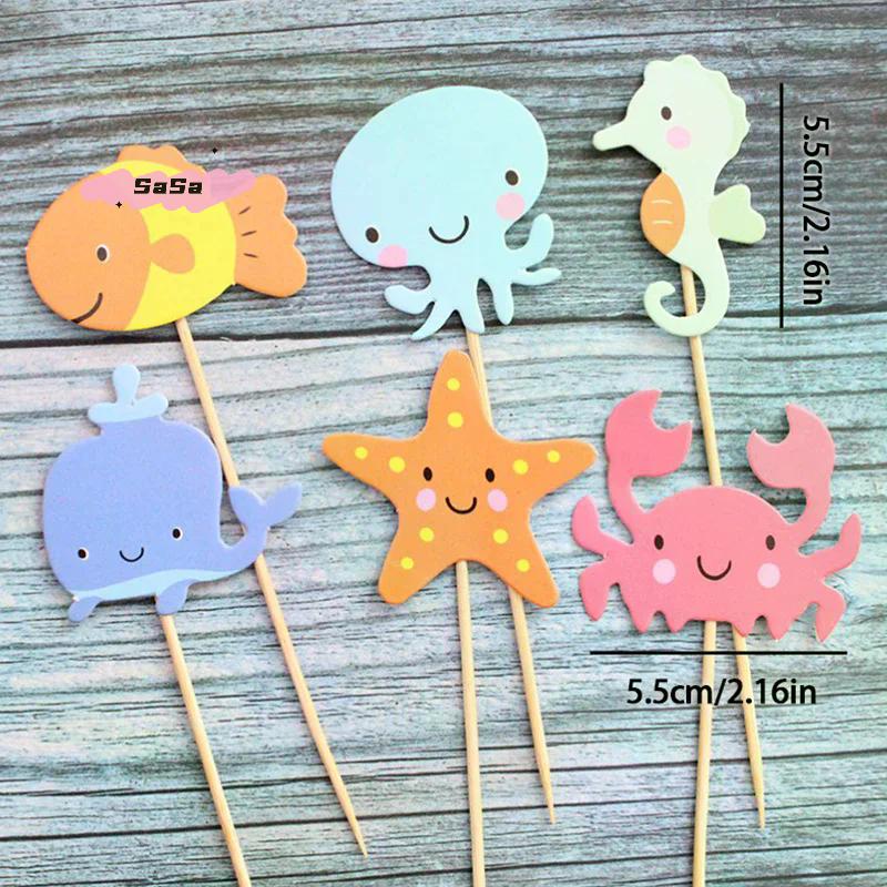 24 szt. Toppery do babeczek ze zwierzętami morskimi Dekoracje tortu na przyjęcie urodzinowe pod wodą Akcesoria na przyjęcie tematyczne z syreną dla dziewczynek Baby Shower
