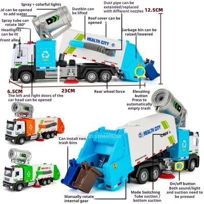 Scale 1:32 Electric Vacuum Cleaner Car Model Toy Metal Body Music Light Spray Engineering Vehicles Decorative Ornaments for Boys