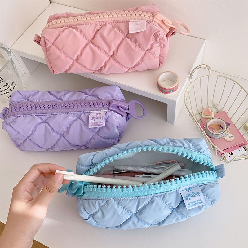 Puffer Leather Pencil Case For Women Vanilla Aesthetic Pencil Pouch With Zipper Stationery Make Up Storage Bag