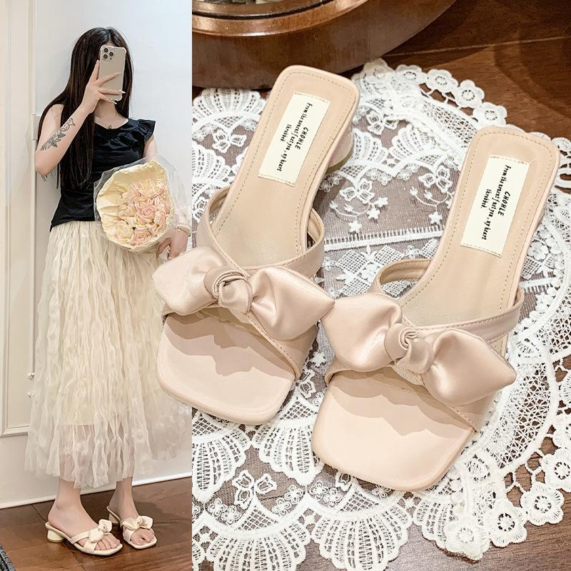 French Bow One-word Slippers Female Summer Wear with Skirt Fairy Sandals High Heels Beach Cool Slippers Women's Shoes