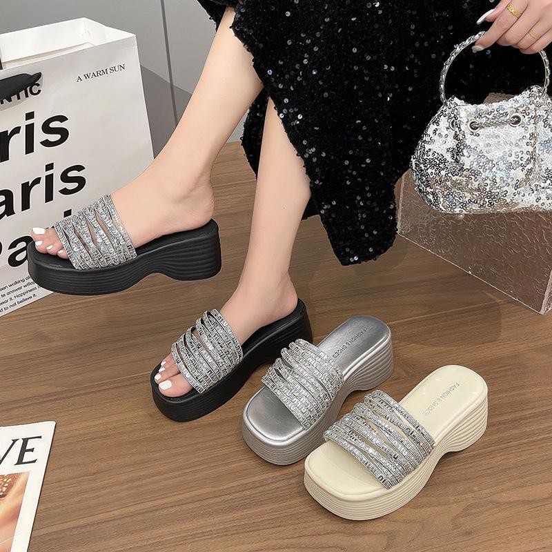 Thick-soled Heel Rhinestones 2025 Summer New Skirt Outer Wear with Fairy Wind Slope One-word Slippers Open-toed Cool Slippers