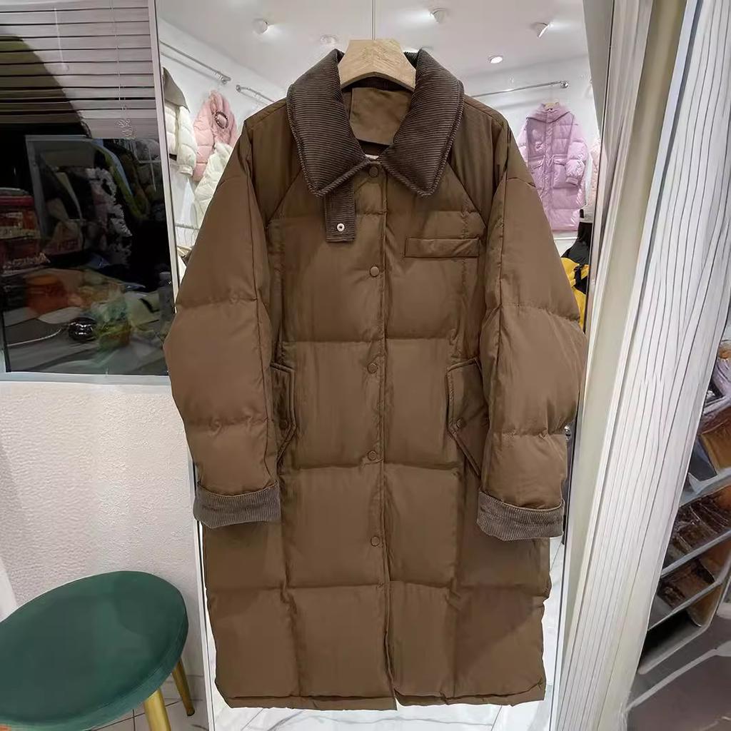 Medium and Long Down Jacket Women's New Splicing Corduroy Lapel Thickened Winter Coat