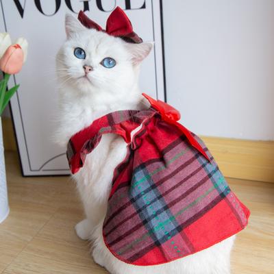 Pet Christmas Plaid Dress Christmas Bow Dog Fur Coat Pet Cat Clothing Dog Dresses for Small Dogs Puppy Clothes for Small Dogs