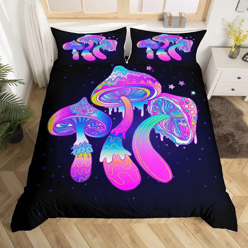 

Psychedelic Mushroom Duvet Cover Boho Exotic Cartoon Gradient Mushroom Bedding Set Nature Fungus Comforter Cover for Boys Girls EU Single(135x200cm)