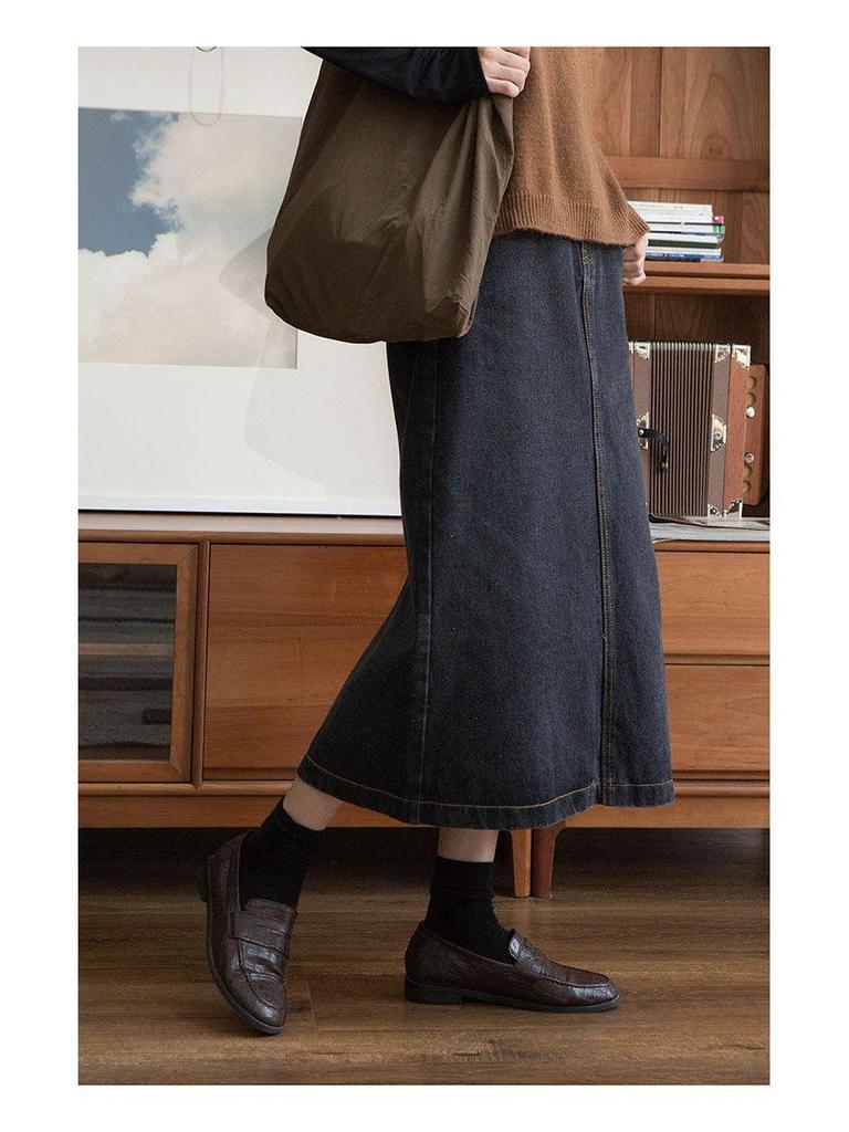 Retro Korean Style High-Waist Slimming Denim Midi Skirt with Split for Women