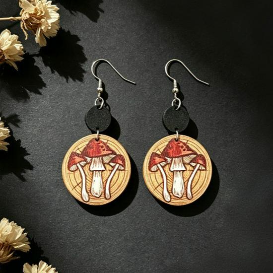 Retro Geometric Mushroom Wood Earrings