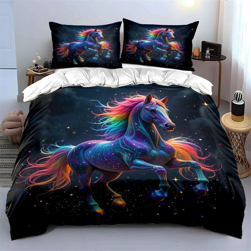 "Rainbow Horse Art Decor Set" Soft Skin-Friendly Bedding Set Includes 1 Duvet Cover And 2 Pillowcase Gift