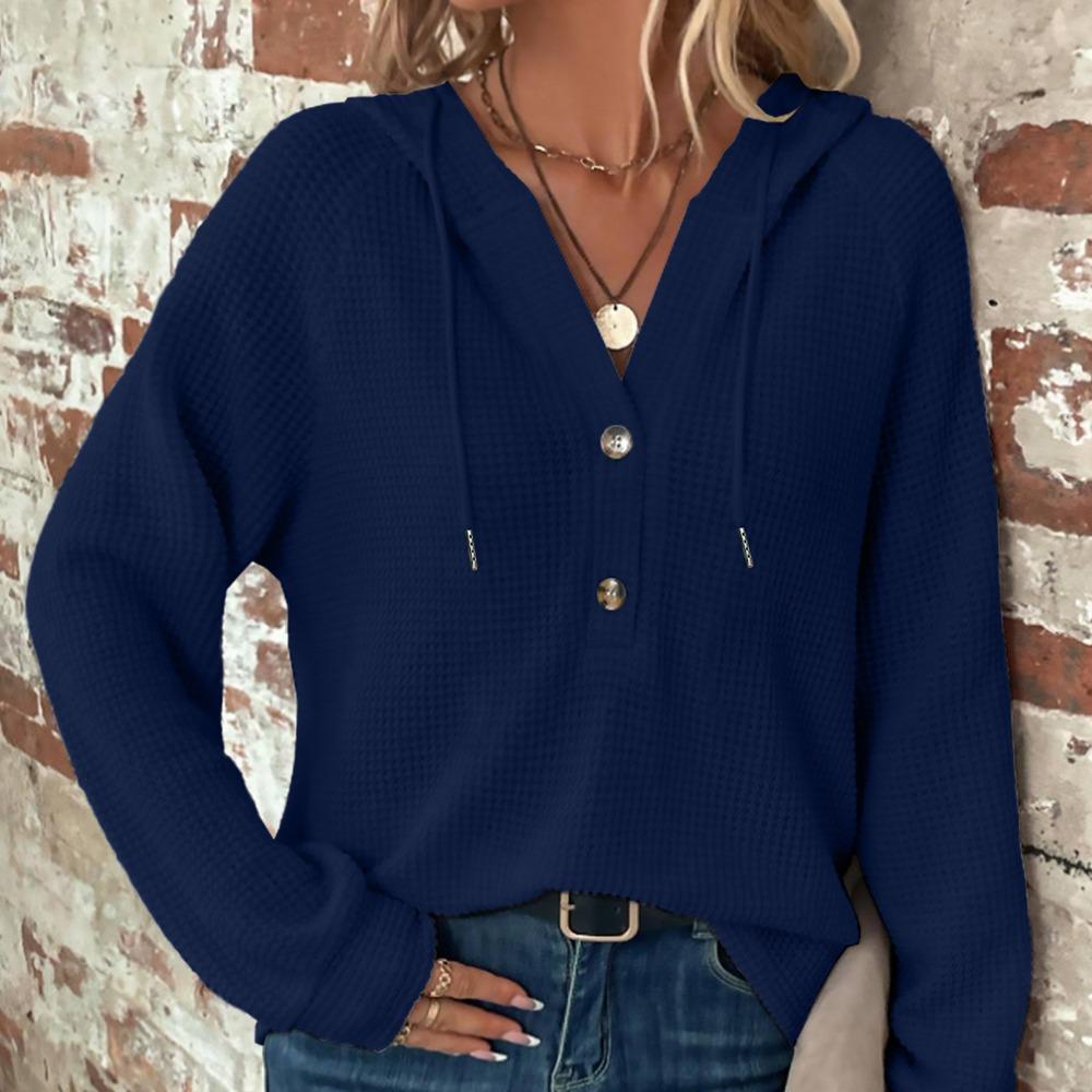 Autumn Women's Solid Color Long Sleeved V-neck Top Thin Hooded Button Sweatshirt Coat Women's Fashionable Versatile Hooded Sweatshirt