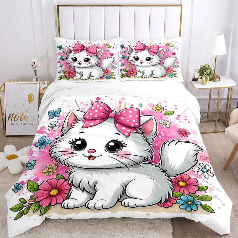 3-teiliges Kätzchen mit Schleife Bettwäsche-Set - Weich und Gemütlich für Schlafzimmer, Gästezimmer und Wohnheim Dekorative Bettwäsche 3-teiliges Set 1 Bettbezug + 2 Kissenbezüge