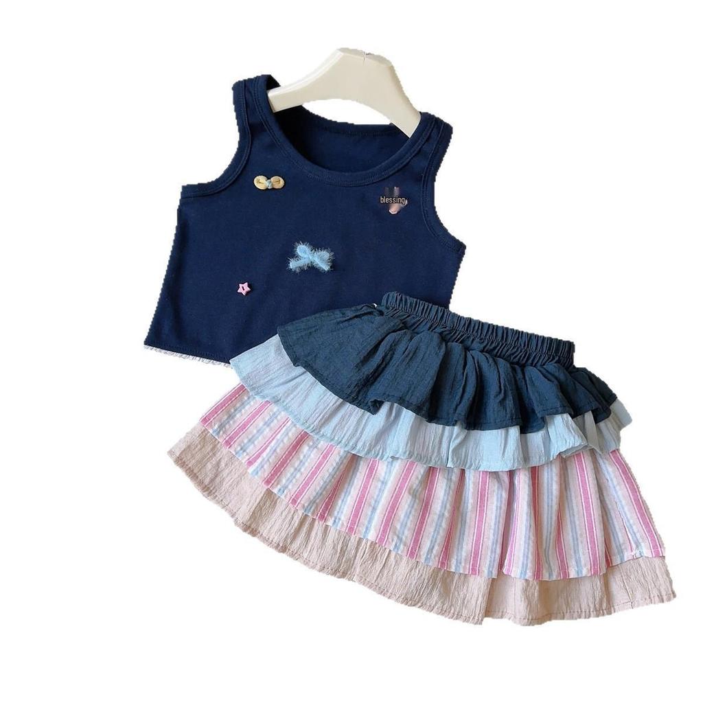 Korean Summer Colorful Vest & Layered Skirt Set for Baby Girls