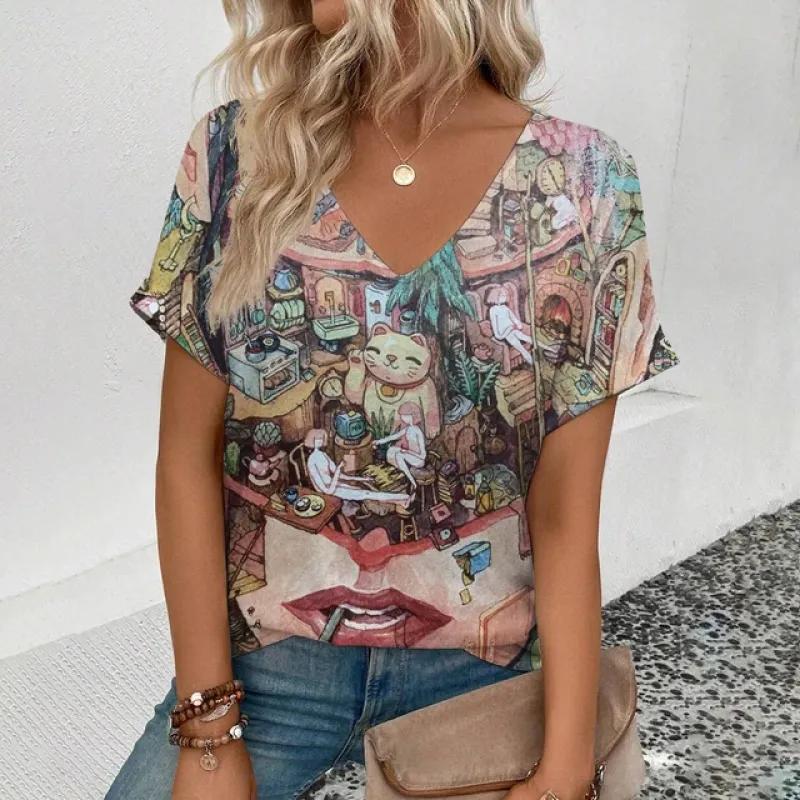 2024 Sommer Freizeit Bequemes T-Shirt Damen Elegantes V-Ausschnitt T-Shirt Mode Herzförmiges Muster Druck Kurzarm T-Shirt