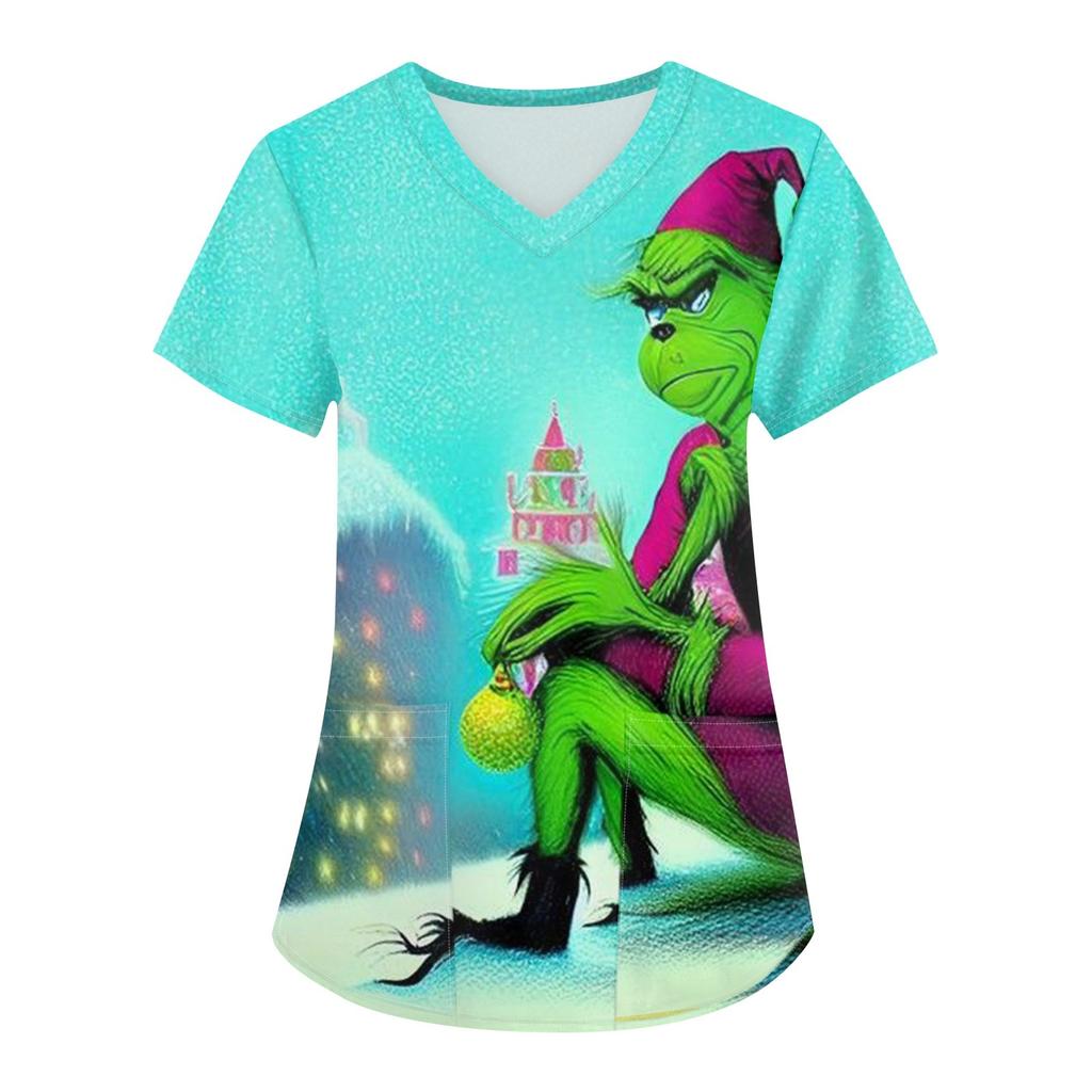 Uniforme da lavoro da donna con stampa natalizia, uniforme da lavoro con scollo a V e taschino protettivo