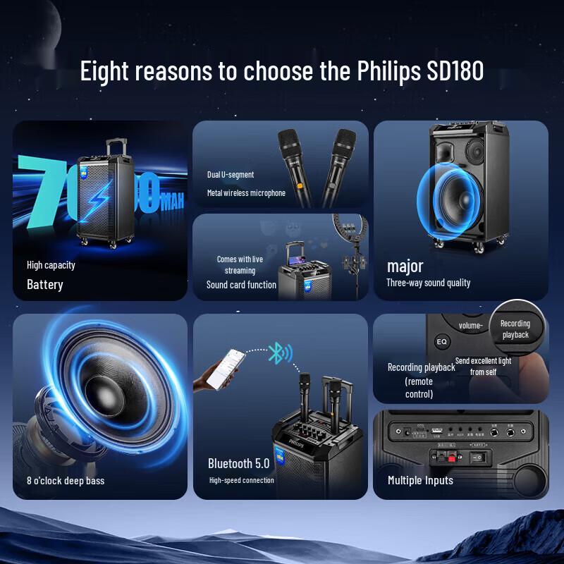 Philips SD180 8-inch Portable Karaoke Speaker with Dual Microphones