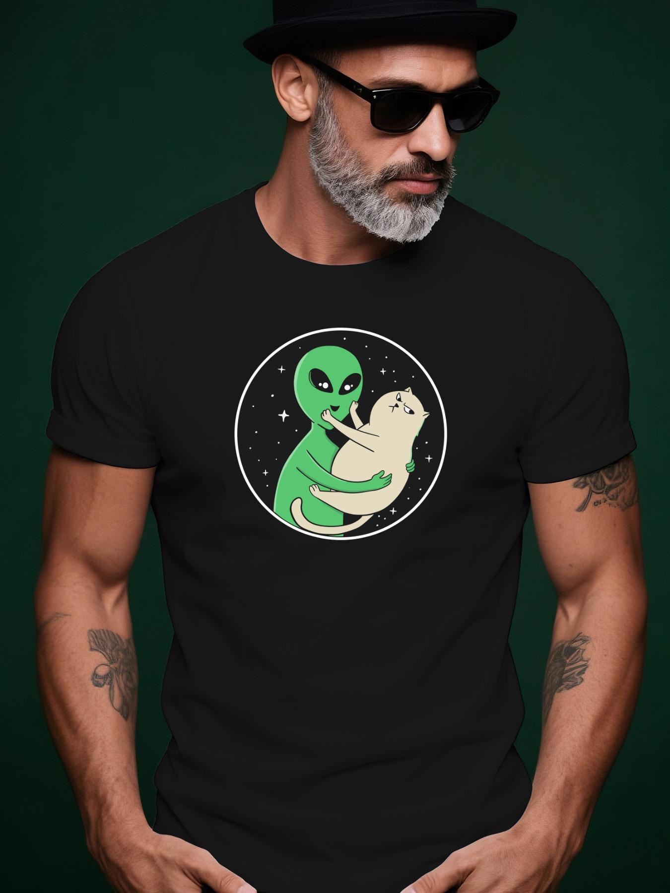 Black Casual Short Sleeve Tshirt with Alien Holding Cat G... S