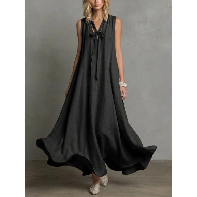 IHUASU Fashion Summer Spring Solid Color Print Sleeveless V-Neck Casual Dresses Unique design M чёрный
