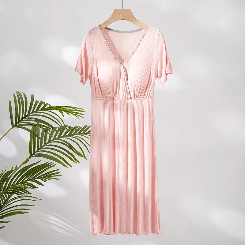 V-Neck Nursing Dress with Insertable Cups for Breastfeeding - Fashionable Postpartum Pajamas