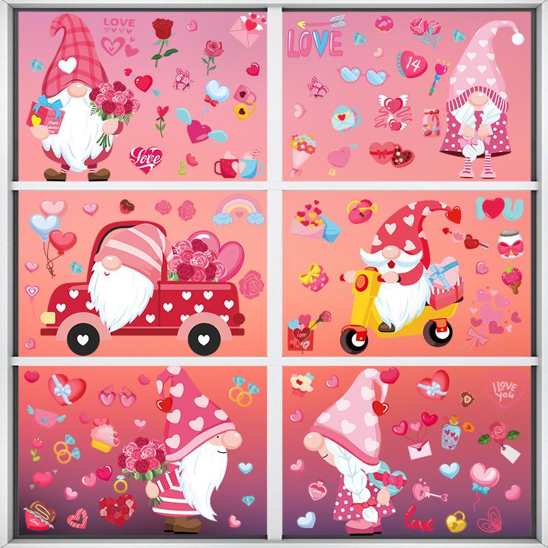 9 Sheets Valentines Day Window Stickers Cartoon Gnome I Love U Heart Shape Glass Stickers Decals Wedding Party Home Decoration