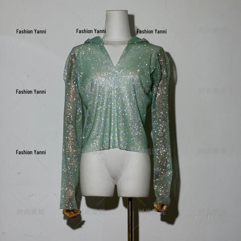 Yanni Fashion Blue Feather & Rhinestone Dress with Long-Sleeve Top and Skirt