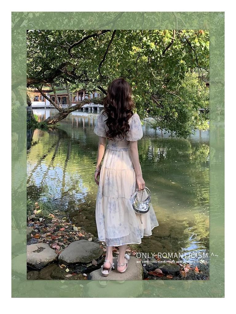 Elegant French Floral Print Summer Dress - V-neck Puff Sleeve High Waist, Sweet or Cool Style