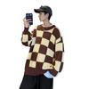 Unisex Japanese Checkered Knitted Sweater - High-End Autumn/Winter Style, Round Neck, Long Sleeves, Warm and Cozy.