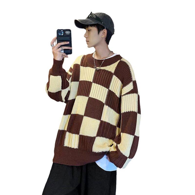 Unisex Japanese Checkered Knitted Sweater - High-End Autumn/Winter Style, Round Neck, Long Sleeves, Warm and Cozy.