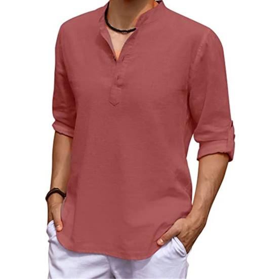 Men Shirt Solid Color Adjustable Sleeve Pullover Stand Collar Long Sleeve Summer Top Daily Garment