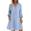 Women Loose Fit Stand Collar Button Down Linen Cotton Dress Long Sleeve Casual Tunic Shirt Dress with Pockets for Everyday Wear