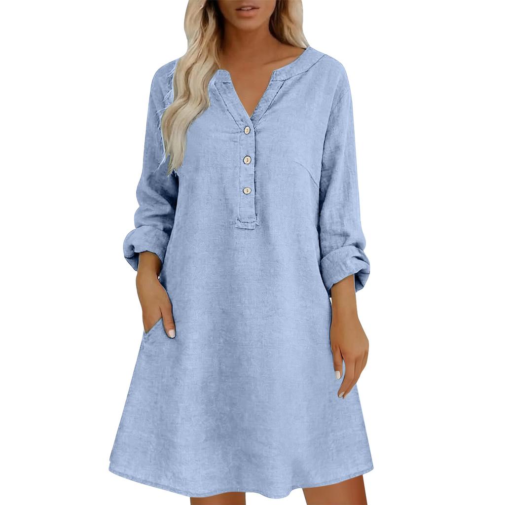 Women Loose Fit Stand Collar Button Down Linen Cotton Dress Long Sleeve Casual Tunic Shirt Dress with Pockets for Everyday Wear