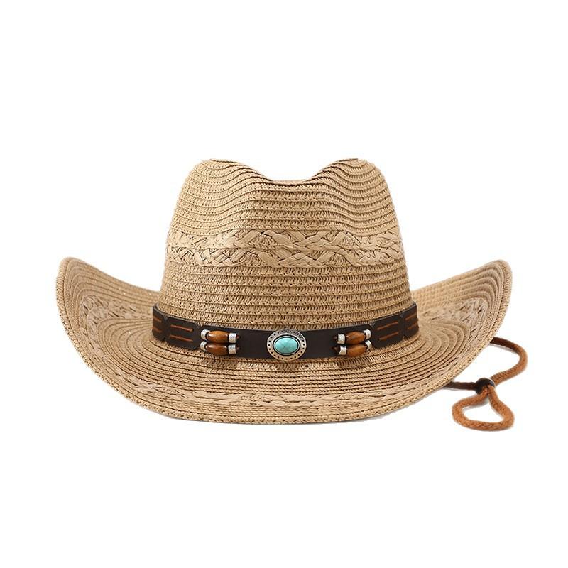 Big brim curled straw hat women's summer seaside vacation sunscreen sunshade beach hat ethnic style western cowboy hat men