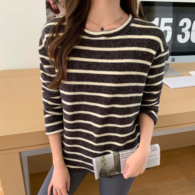 Crew neck striped polished long-sleeved shirt women's autumn and winter lazy style inner bottoming shirt loose top