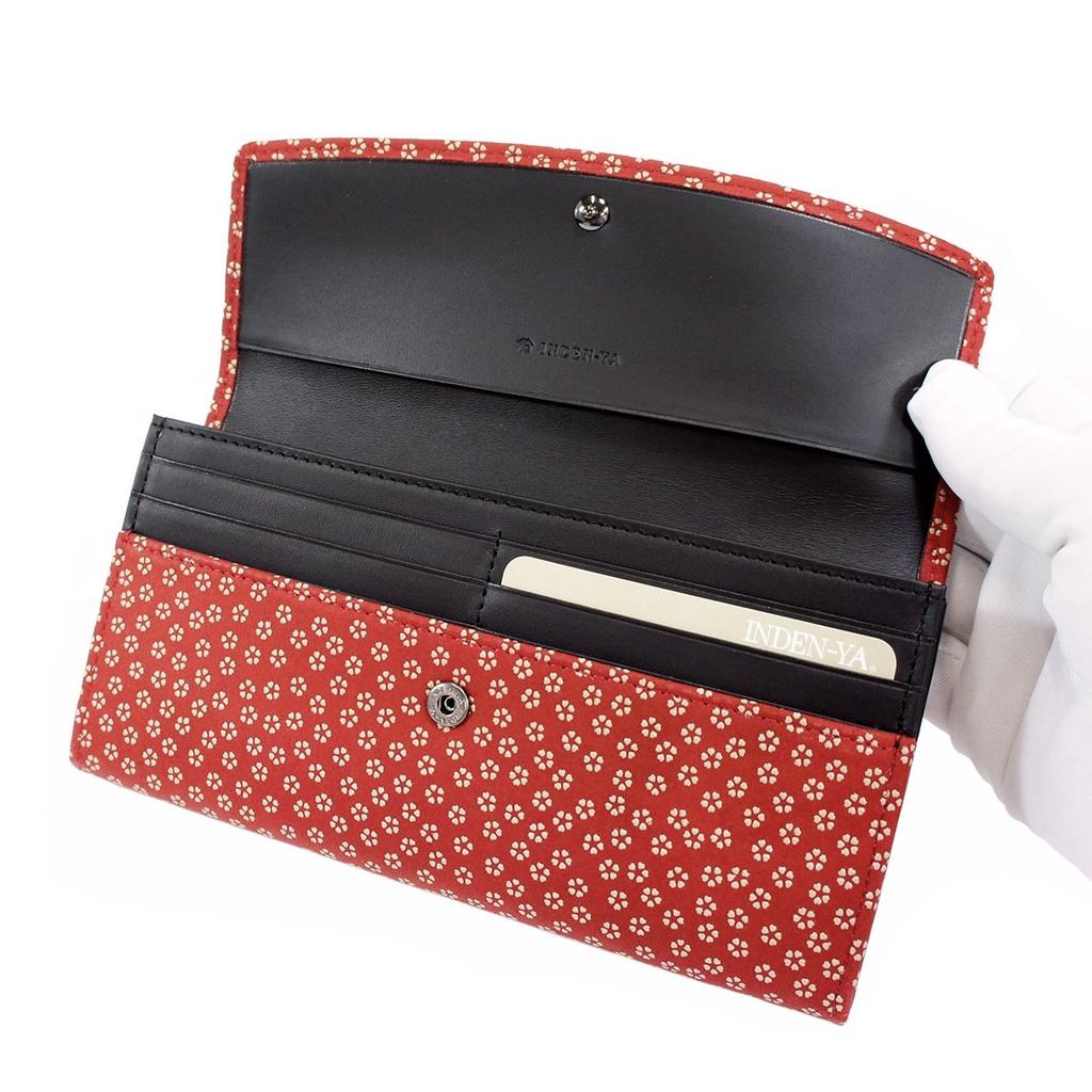 Carteira Longa Indenya Inden, Grande Capacidade, Couro de Veado, Vermelha com Laca Branca, Pequeno Padrão de Flor de Cerejeira, 2310-13-002